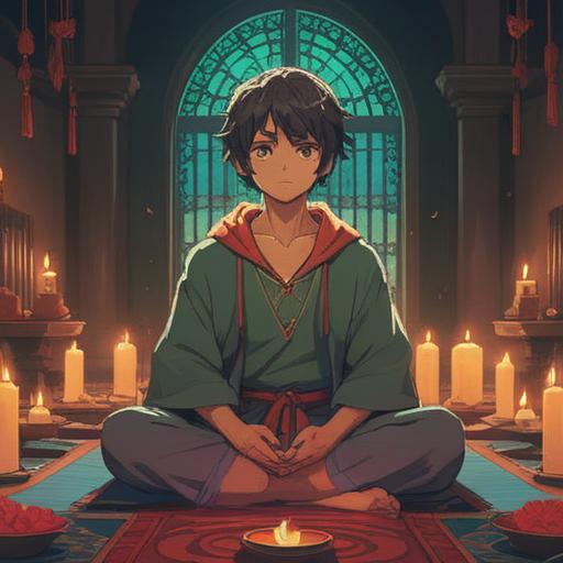 A serene and peaceful meditation scene, a calm individual sitting cross-legged on a soft mat, surrounded by gentle candlelight, a flowing waterfall in the background, radiant energy flowing from their heart, vibrant colors symbolizing positive energy and blessings, lush green plants enhancing the tranquil atmosphere, warm sunlight filtering through trees, 4k