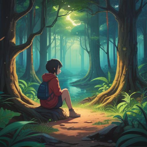 A serene and introspective scene depicting a person sitting alone in a tranquil forest, surrounded by soft light filtering through the trees, representing a feeling of lethargy and spiritual reflection, elements of nature symbolizing renewal and inner peace, contemplative expression, 4k