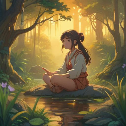 A serene illustration depicting a person sitting cross-legged in a peaceful nature setting, surrounded by soft golden light, ethereal symbols floating around, a sense of calm and introspection, vibrant trees and flowers, gentle stream nearby, reflective facial expression, spiritual awakening, harmonious atmosphere, 4k
