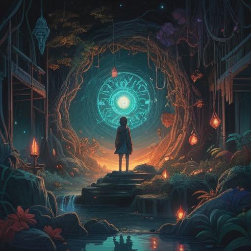 A mystical illustration representing spiritual signs of low motivation, shadowy figures symbolizing negativity, ethereal energy surrounding a person in a contemplative state, dark clouds conveying a sense of heaviness, vibrant light breaking through, whimsical elements reflecting inner turmoil, 4k