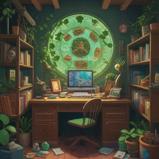 A whimsical illustration of a desk cluttered with lucky objects, a four-leaf clover, a horseshoe, a lucky cat statue, and a bright red ribbon, soft morning light filtering through a window, an open notebook with scribbled ideas on the side, an inviting yet chaotic atmosphere, vibrant colors, 4k