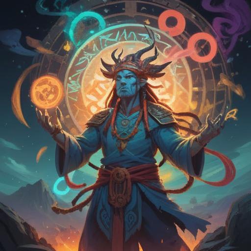 A mystical scene depicting a shaman from a past life, surrounded by ethereal light, ancient runes floating in the air, a serene forest background, symbolic animals representing spirit guides, wearing traditional ceremonial attire, deep connection with nature, spiritual energy radiating, soft and calming colors, 4k