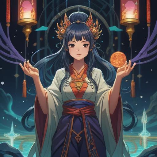 A mystical scene depicting a priestess from a past life, surrounded by ethereal lights and symbols, serene facial expression, flowing robes that blend with the spirit world, ancient forest setting, celestial motifs in the background, a sense of peace and connection to the universe, spiritual signs illuminating the space, vibrant colors, dreamlike atmosphere, 4k