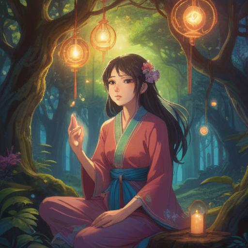 A serene and mystical scene depicting a woman with a spiritual aura, surrounded by ethereal symbols, soft glowing lights, nature elements like trees and flowing water, intricate patterns representing past lives, a calm expression reflecting awareness and intuition, a subtle connection to the spirit world, 4k