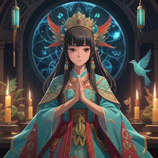 A mystical scene of a former priestess, surrounded by ethereal artifacts glowing softly, intricate details of her ceremonial attire, the essence of her past life emanating from her, capturing the moment of her rediscovery of sacred relics, lush forest background, ancient ruins peeking through the foliage, enchanted atmosphere, vivid colors, 4k