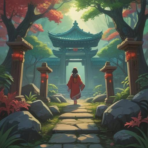 A mystical pathway leading to a shrine, ethereal light illuminating ancient stones, a serene forest surrounding, a figure in traditional miko attire standing at the entrance, soft wind rustling the leaves, symbols of rebirth and spiritual awakening, inviting atmosphere, intricate details in the clothing, dreamlike quality, 4k