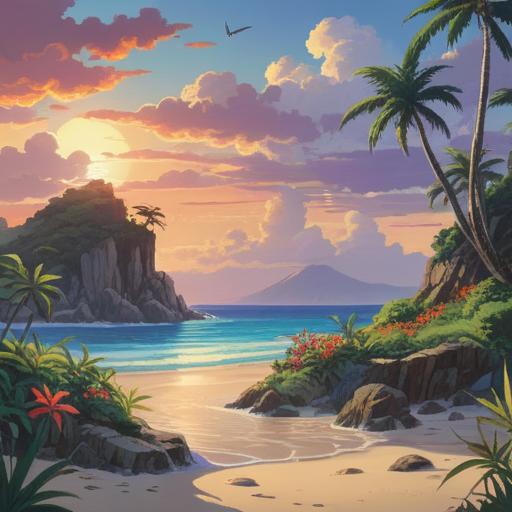 A serene island landscape in Okinawa, featuring mystical elements representing past lives, vibrant tropical flora and fauna, a tranquil beach at sunset, gentle waves lapping at the shore, an ethereal figure meditating in the foreground, spiritual symbols subtly integrated into the scenery, a sense of harmony and connection with nature, enchanting atmosphere, 4k