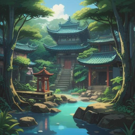 A serene scene depicting Okinawa's natural beauty, lush greenery, sparkling blue waters, ethereal symbols representing spiritual signs, an ancient stone shrine, gentle waves, soft sunlight filtering through palm trees, mystical atmosphere, cultural elements like traditional clothing, vibrant flowers, 4k