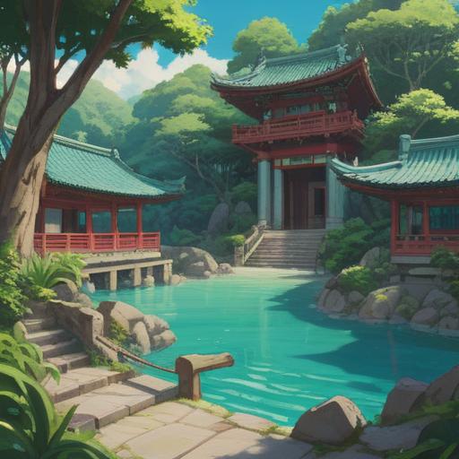 A serene depiction of a lucky spot in Okinawa, vibrant tropical scenery, lush greenery, clear turquoise waters, a historical shrine connecting past lives, gentle sunlight filtering through palm trees, inviting atmosphere, sense of tranquility and connection, symbolic elements representing reincarnation, 4k