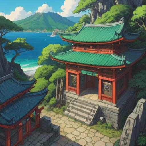 A spiritual journey through Okinawa, vibrant landscapes, ancient shrines, azure ocean waves, lush green mountains, traditional Ryukyu architecture, mystical atmosphere, connection to past lives, serene beach at sunset, cultural significance, enriching personal experience, 4k