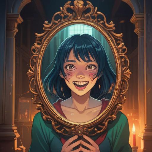 A serene and mystical illustration depicting a person looking in the mirror, broken front teeth representing a spiritual transformation, bright light surrounding the individual, symbols of growth and change in the background, nature elements like flowers and butterflies symbolizing positivity, uplifting atmosphere, intricate details, vibrant colors, 4k