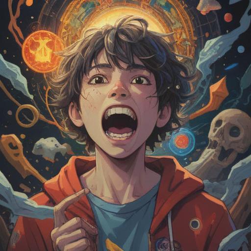 A mystical illustration depicting a person experiencing a broken front tooth, surrounded by spiritual symbols and signs, ethereal light shining down, hints of inner turmoil and healing, vibrant colors conveying emotional depth, nature background with subtle elements representing change and transformation, symbolic representations of awareness and caution, 4k