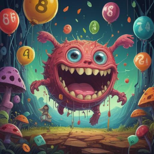 A whimsical and surreal illustration, depicting a whimsical character with a broken front tooth, surrounded by floating lucky numbers, bright colors, playful atmosphere, a combination of mischief and luck, detailed expression showcasing a mix of surprise and joy, 4k