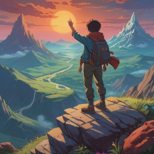 A determined person standing on a mountain peak, overlooking a vast landscape, holding a glowing lucky stone, vibrant colors, a sense of triumph and clarity, overcoming obstacles, bright sun illuminating the scene, intricate details in the sky and ground, 4k