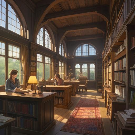 A serene library setting, shelves filled with books, students collaborating at tables, warm sunlight streaming through large windows, organized notes and papers scattered across a desk, a sense of focus and community, tranquil atmosphere, 4k