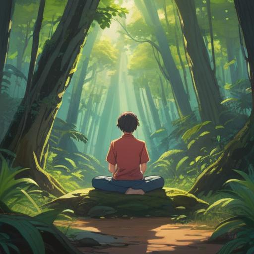 A serene illustration depicting a person meditating in a tranquil forest, surrounded by gentle sunlight filtering through the trees, vibrant greenery, a subtle sense of clarity and renewal in the air, soft flowing water nearby symbolizing cleansing, a path illuminated by light leading forward, expressing inner peace and hope, 4k