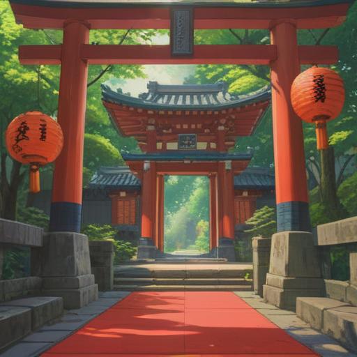 A serene depiction of Funabashi Daijingu Shrine, spiritual essence infused, vibrant red torii gate, lush green surroundings, peaceful atmosphere, worshippers in traditional clothing, symbolic offerings at the entrance, ancient trees providing shade, harmonious blend of nature and spirituality, 4k