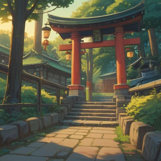 A serene landscape of Funabashi Daijingu Shrine, lush green surroundings, peaceful atmosphere, sacred torii gate at sunset, gentle rays of light filtering through trees, traditional Japanese architecture, spiritual essence, people meditating nearby, harmonious energy, vibrant colors, 4k