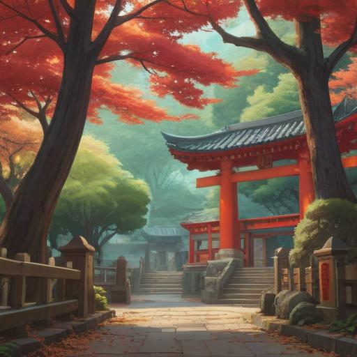 A serene and mystical scene at Funabashi Daijingu Shrine, ethereal light filtering through ancient trees, vibrant red torii gate symbolizing spiritual protection, gentle stream reflecting the sky, subtle orbs of light representing spiritual signs, tranquil atmosphere, harmony between nature and spirituality, clear blue sky, peaceful surroundings, 4k