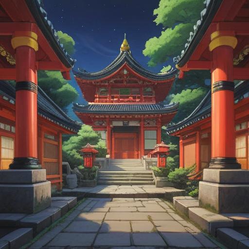 A serene illustration of Funabashi Daijingu Shrine, traditional Japanese architecture, vibrant seasonal decorations, people praying for good fortune, a display of lucky items, lush green surroundings, tranquil atmosphere, soft sunlight filtering through trees, intricate details of shrine ornaments, 4k