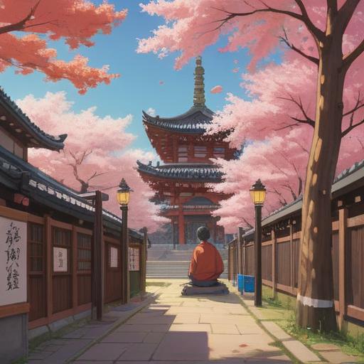 A serene scene depicting a tranquil moment after visiting Funabashi Daijingu shrine, a person sitting quietly under a cherry blossom tree, reflecting on their experiences, gentle breeze rustling the petals, soft sunlight filtering through the leaves, a feeling of peace and clarity, calming colors, meditative atmosphere, mindfulness practice, 4k