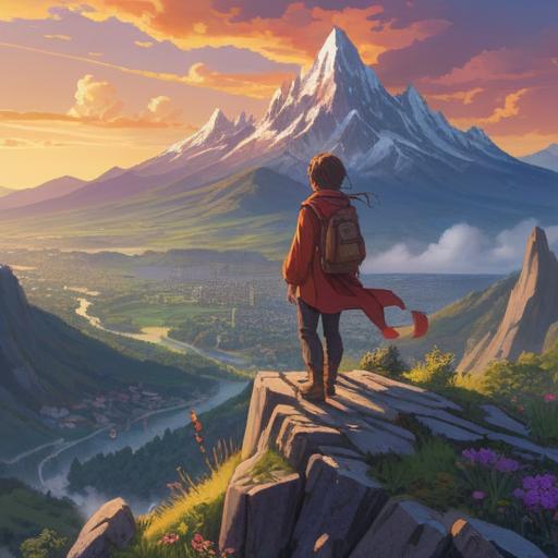 A serene landscape depicting a person standing on a mountain peak, gazing at a distant, thriving city, feelings of admiration and desire for personal growth, vibrant greenery surrounding them, a gentle breeze rustling the leaves, symbolizing aspiration and motivation, bright sunlight illuminating the scene, 4k