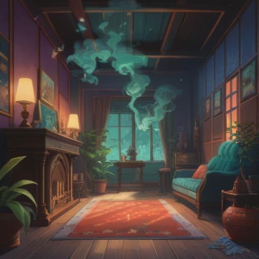 A tranquil scene of incense smoke swirling gracefully in the air, ethereal light filtering through a serene room, meditative ambiance, floating spiritual symbols, soft shadows, a calm individual in reflection, peaceful environment, harmonious colors, 4k