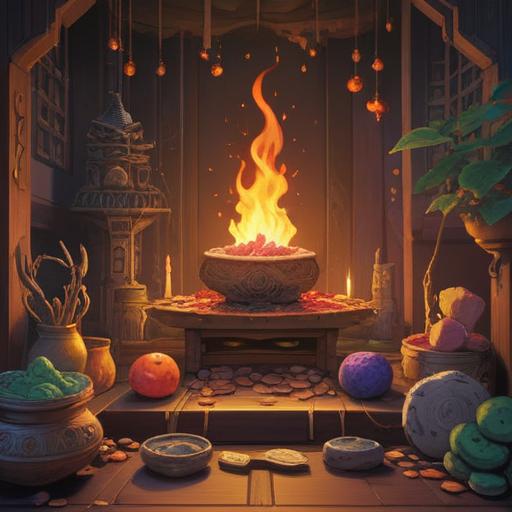 A serene scene depicting a small altar with incense burning delicately, inviting warm and calming aromas, a collection of lucky charms spread around, soft golden light filtering through, elements of nature like flowers and twigs, a sense of tranquility and good fortune, intricate details on charms, peaceful ambiance, 4k