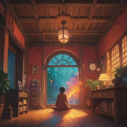 A serene indoor scene with incense smoke softly curling in the air, a calming atmosphere filled with a warm glow, a meditative figure sitting cross-legged, surrounded by candles and spiritual symbols, rich textures of traditional decor, vibrant colors, peaceful expression, 4k