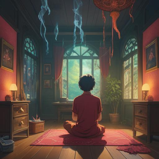 A serene scene of a tranquil room, gentle wisps of incense smoke rising, glowing softly in warm light, a person meditating peacefully, surrounded by lush plants, calming colors, sense of relaxation and tranquility, inviting atmosphere, 4k