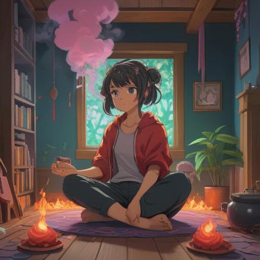 A serene scene featuring a person sitting cross-legged, gazing at curling incense smoke, surrounded by relaxing elements, a cozy room with soft lighting, a sense of tranquility, feng shui decor, lucky charm items around, harmonious atmosphere, 4k