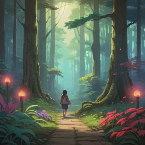 A serene and enchanting scene of incense wafting through a tranquil forest, vibrant colors, soft light filtering through the trees, gentle smoke swirling in the air, a character meditating peacefully, surrounded by nature's beauty, the essence of calm and relaxation, detailed textures of leaves and flowers, an ethereal atmosphere, 4k