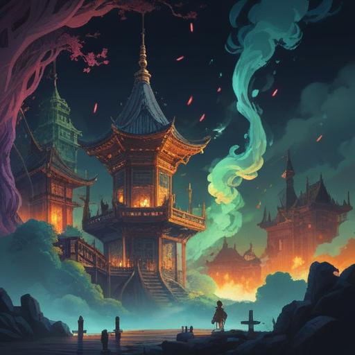 A serene and mystical scene depicting incense smoke swirling elegantly in the air, soft glowing light illuminating the space, subtle hints of spiritual symbols appearing through the smoke, an atmosphere filled with tranquility and positivity, a calm meditation space with a wooden incense holder, lush greenery in the background, peaceful energy, 4k