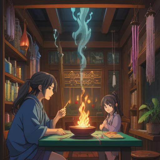 A mystical scene depicting a lit incense stick releasing delicate wisps of smoke, surrounded by shimmering lucky charms, a serene indoor setting with soft light filtering through shoji screens, soothing colors, an ambiance of tranquility and good fortune, intricate details in the charms, gentle flow of smoke, cultural significance of incense, harmonious atmosphere, 4k