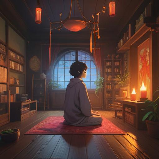 A serene scene of a peaceful room filled with the soft glow of candlelight, delicate incense smoke rising gracefully, a person meditating with a calm expression, surrounded by vibrant plants and symbols of spirituality, warm colors, tranquil atmosphere, meaningful symbols like lotus flowers and mandalas, inviting and soothing environment, 4k