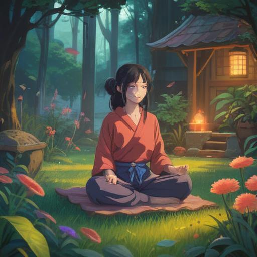 A serene and mystical scene, a person meditating in a peaceful garden, surrounded by gently swirling smoke from incense, ethereal light filtering through the trees, symbols of spirituality around, a sense of mindfulness and connection, soft pastel colors, tranquil atmosphere, 4k