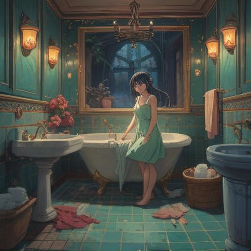 A serene and spiritual scene in a bathroom, an ethereal light illuminating the space, a figure gently cleaning the sink, surrounded by calming colors, symbolic elements representing purification and renewal, water flowing gracefully, peaceful atmosphere, mindful energy, reflective surfaces, soft textures, harmonious balance, 4k