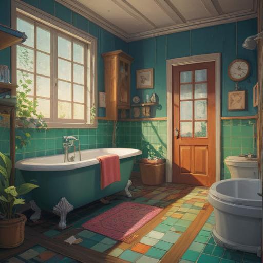 A serene bathroom cleaning scene, light reflecting off sparkling surfaces, subtle hints of spiritual symbols, gentle energy flow, mindful organization of cleaning supplies, a sense of calm and clarity, soft natural light streaming through a window, inviting and tranquil atmosphere, 4k