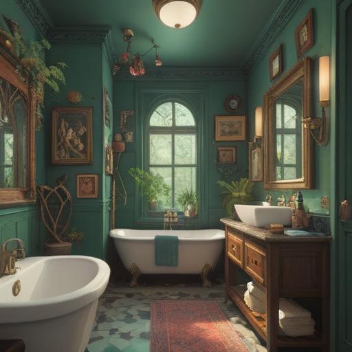 A clean and tidy bathroom after a thorough cleaning, sparkling sink and mirror, neatly organized toiletries, vibrant plants on the windowsill, a hint of sunlight streaming in, lucky charm placed on the counter, cheerful atmosphere, inviting and fresh ambiance, 4k