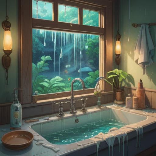 A serene bathroom scene depicting water leaking from a sink, ethereal light reflecting on the water droplets, symbolizing emotional release and purification, soft shadows and a calming atmosphere, whimsical elements like floating orbs of light, inviting reflection and introspection, harmonious color palette, 4k