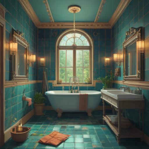 A serene bathroom setting with a gentle water leak, soft reflections on the tiles, ethereal light filtering through the window, subtle signs of nature like plants thriving near the sink, an aura of tranquility, symbols of renewal in water droplets, harmonious energy surrounding the space, 4k