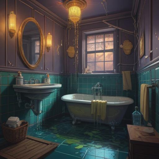 A mysterious bathroom scene, water dripping from the sink, spiritual symbols illuminating the walls, an aura of caution and awareness, reflective surfaces suggesting deeper meaning, ethereal light showcasing water patterns, a sense of urgency and introspection, calming yet eerie atmosphere, 4k