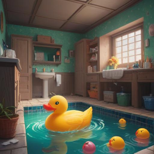 A cozy bathroom scene with a visible water leak under the sink, a playful rubber duck floating in a small puddle, a colorful towel hanging on a rack, a cheerful plant on the windowsill, bright lighting creating a cheerful atmosphere, homey decor, engaging details like soap bottles and toothbrushes, 4k