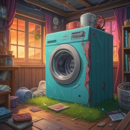 A symbolic illustration depicting a broken washing machine, vibrant energy swirling around it, ethereal light effects, nature elements intertwined, conveying spiritual messages, hopeful and positive atmosphere, transformative symbolism, soft pastel colors, inviting details, 4k