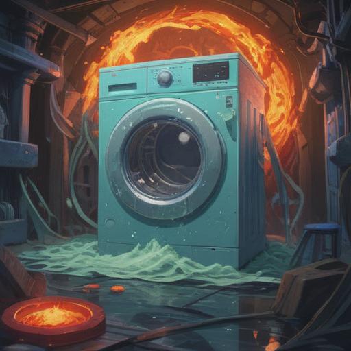 A surreal illustration of a washing machine breaking down, symbolic imagery, spiritual signs surrounding the machine, ethereal light emanating from within, intricate details showing stress and chaos, soft pastel colors reflecting emotions, mystical elements like auras and patterns, a character observing the scene with a contemplative expression, 4k