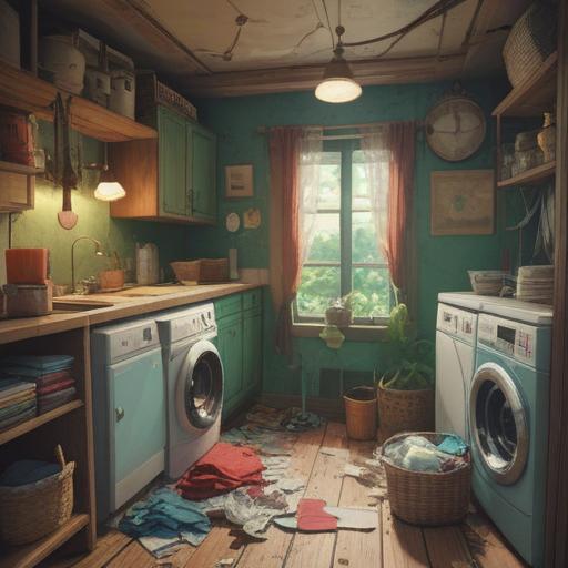 A broken washing machine in a cozy laundry room, a piece of paper with a bold lucky number on it, scattered clothes around the floor, sunlight streaming through a window, a sense of humor in the situation, vibrant colors, whimsical atmosphere, detailed textures, 4k
