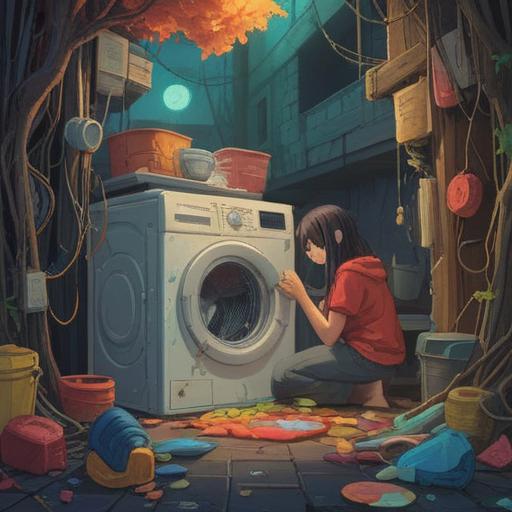 A spiritual journey exploring the meaning of a broken washing machine, symbolic representation of life’s challenges, a meditative figure reflecting in a serene setting, water and laundry symbols intertwined, a vibrant aura surrounding the machine, hints of transformation and renewal, ethereal light illuminating the scene, emotional depth and introspection, artistic flair