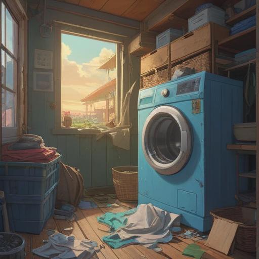A broken washing machine, symbolizing spiritual renewal, light shining through the damage, fresh laundry piled nearby, serene atmosphere, hints of hope and transformation, vibrant colors, detailed textures, calm and uplifting mood, 4k