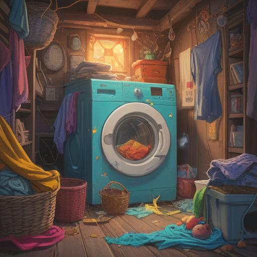 A mystical illustration depicting a broken washing machine, surrounded by symbolic representations of spiritual signs, ethereal light illuminating the scene, scattered laundry items reflecting emotions, a serene atmosphere, an otherworldly presence, rich colors, intricate details, 4k