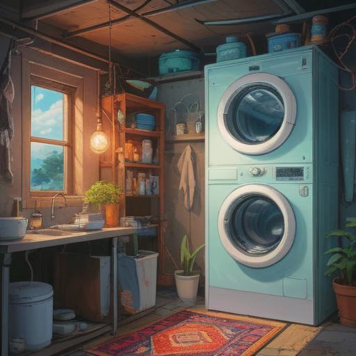 A spiritual representation of replacing a washing machine, symbolizes renewal and cleansing, bright light illuminating the appliance, serene atmosphere, surrounding elements of nature like blooming flowers and flowing water, metaphor for personal growth and transformation, harmonious colors, sense of peace, 4k